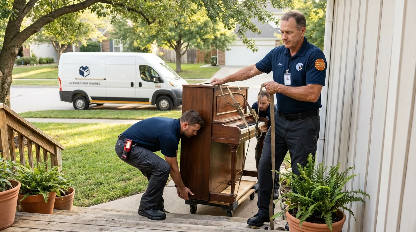Licensed piano movers securing grand piano in Nickerson, KS