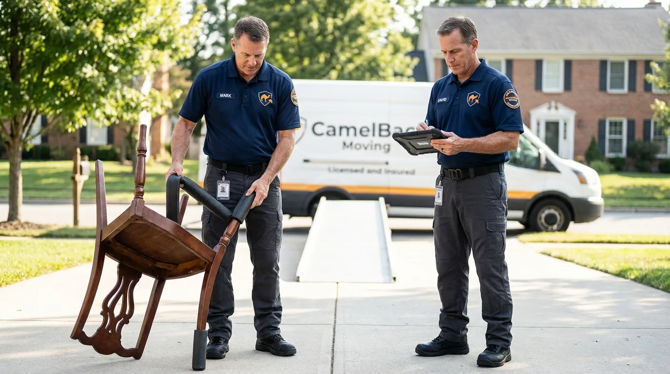 Movers inspecting furniture for damage prevention before loading in Nickerson, KS