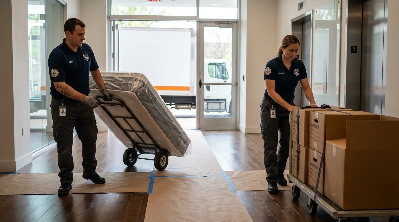 Professional apartment movers loading elevator in Nickerson, KS